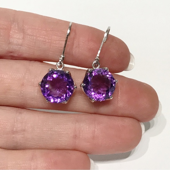 Artist Signed A 12mm Amethyst Round Cut 925 Sterling Silver Drop Earrings - Picture 9 of 17
